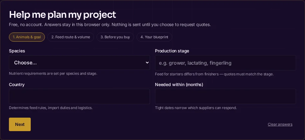 Anonymous FeedMatch planning wizard showing species, stage, country and timing fields