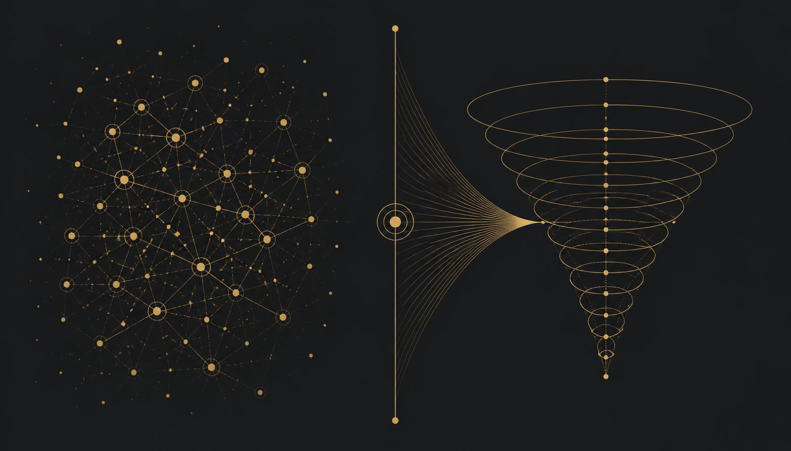 Scattered marketplace network compared with a structured buyer-first procurement funnel