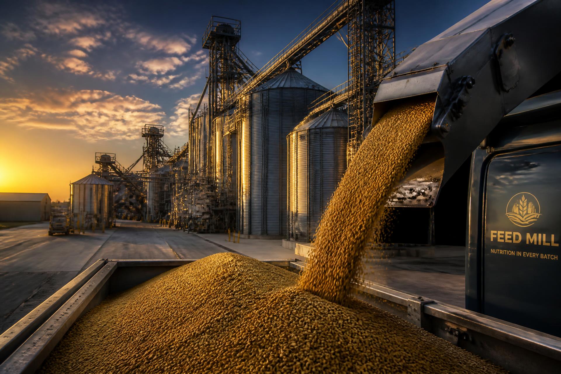 FeedMatch Group global animal feed procurement platform — cinematic view of a modern commercial feed mill at golden hour with pellet stream pouring from a chute, polished grain silos and conveyor towers behind, evoking GMP+ and FAMI-QS certified ingredient logistics.