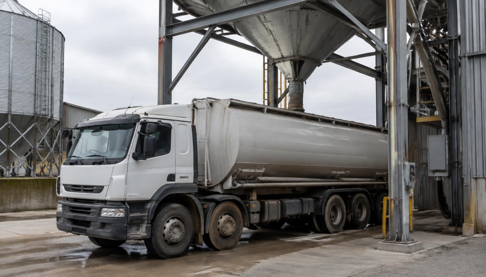 Bulk feed truck loading under a feed mill silo — call-off schedules set how often deliveries like this happen