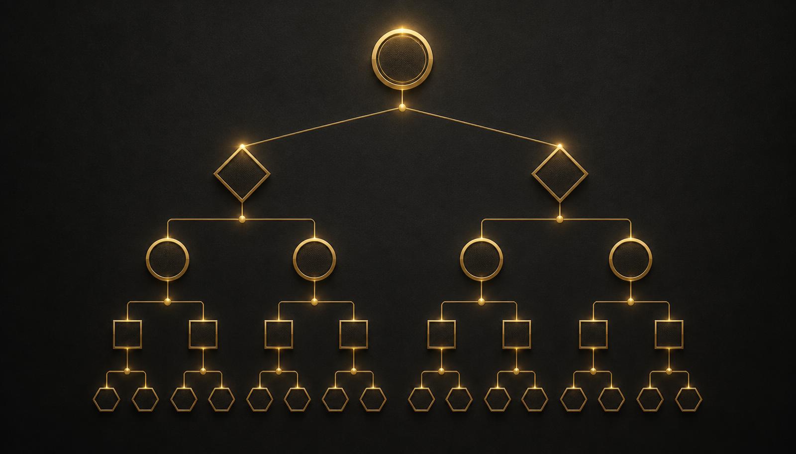 Feed procurement decision framework — a branching evaluation tree in gold on charcoal
