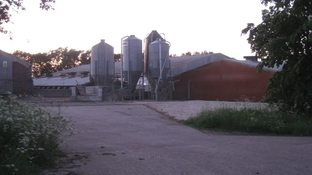 Three galvanised feed silos beside livestock buildings on a farm