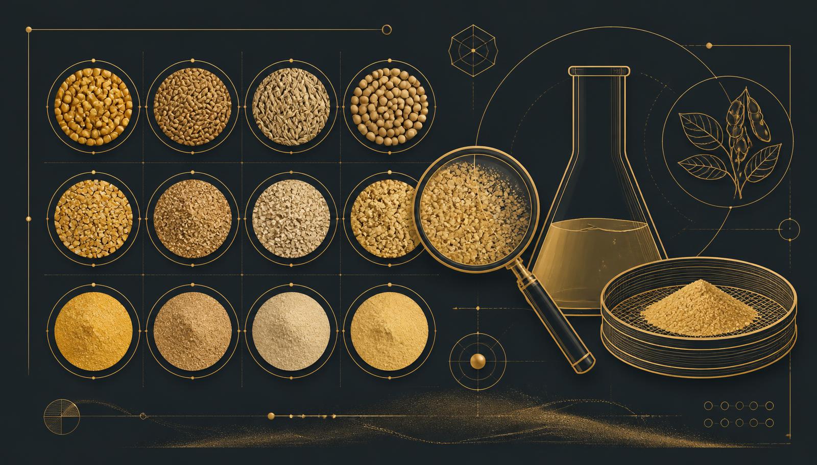 Ingredient evaluation — sample grid, magnifier, flask and sieve rendered in gold line work