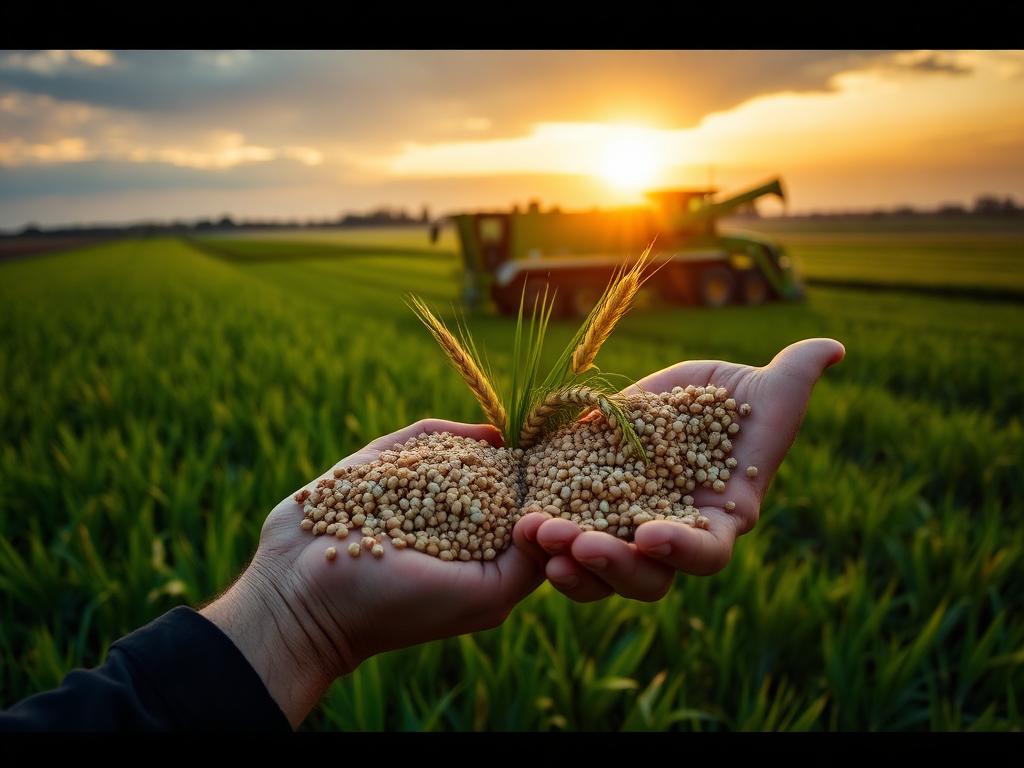 Certified hybrid maize and soybean seed held over a grain field at harvest — SeedMatch Group seeds, grain and crop input procurement — Odesa, Ukraine