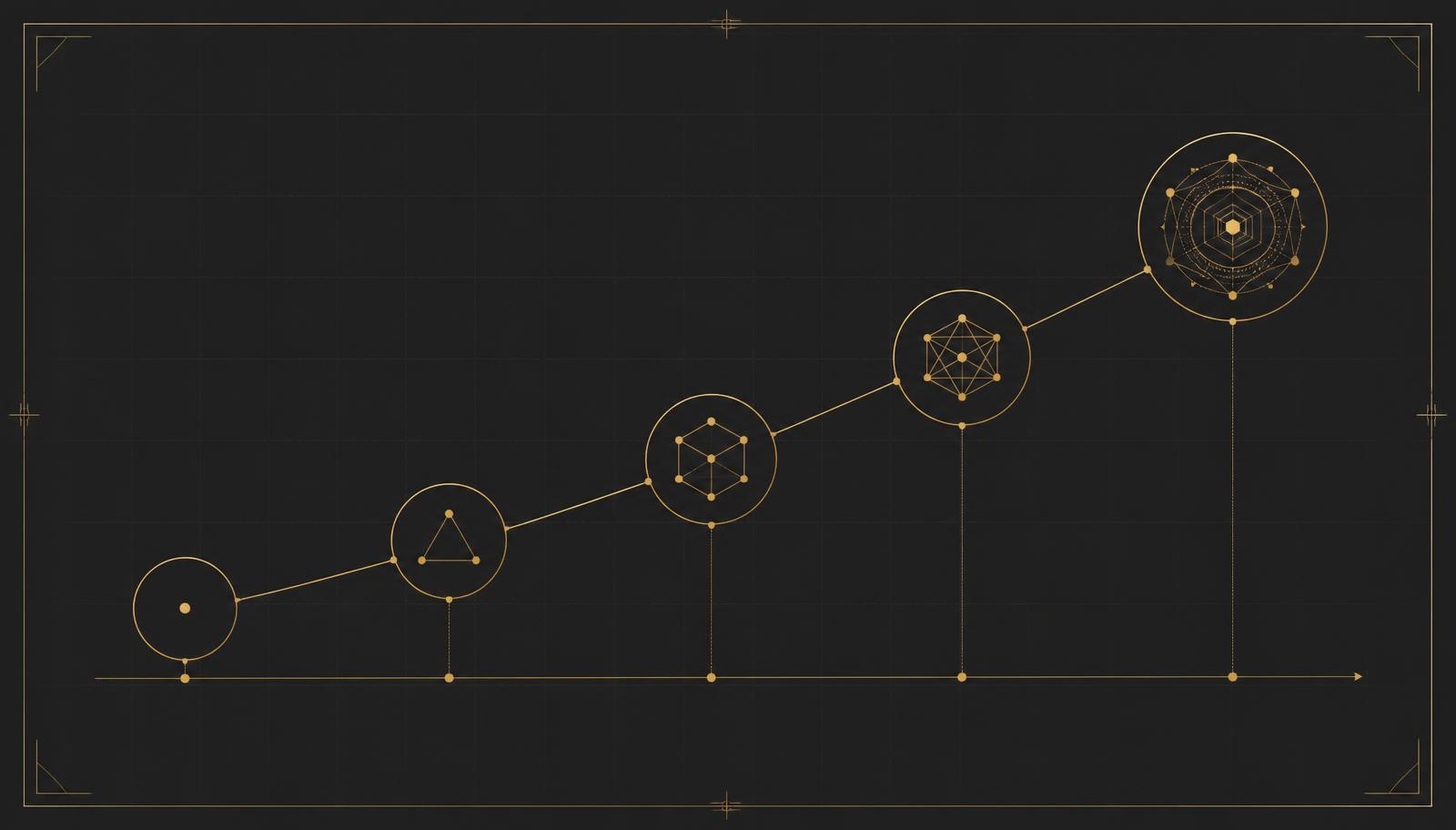 Evolution of industrial feed procurement — five ascending stages from traditional supplier search to buyer-first procurement, rendered as a gold line diagram on charcoal.