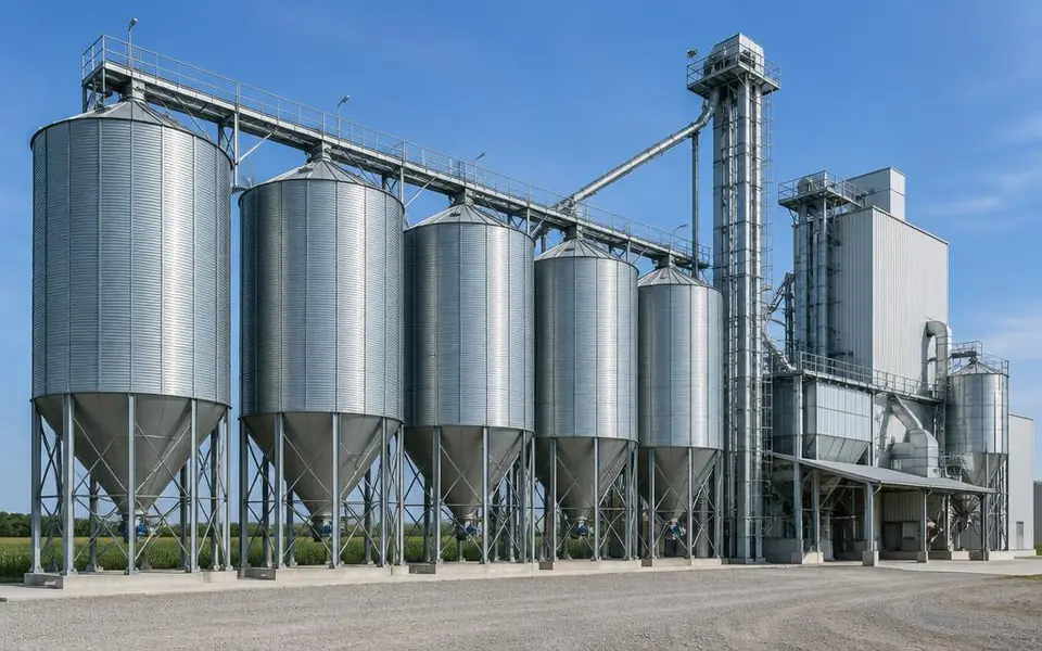 KI-generierte Illustration: Silos und Rohstofflagerung