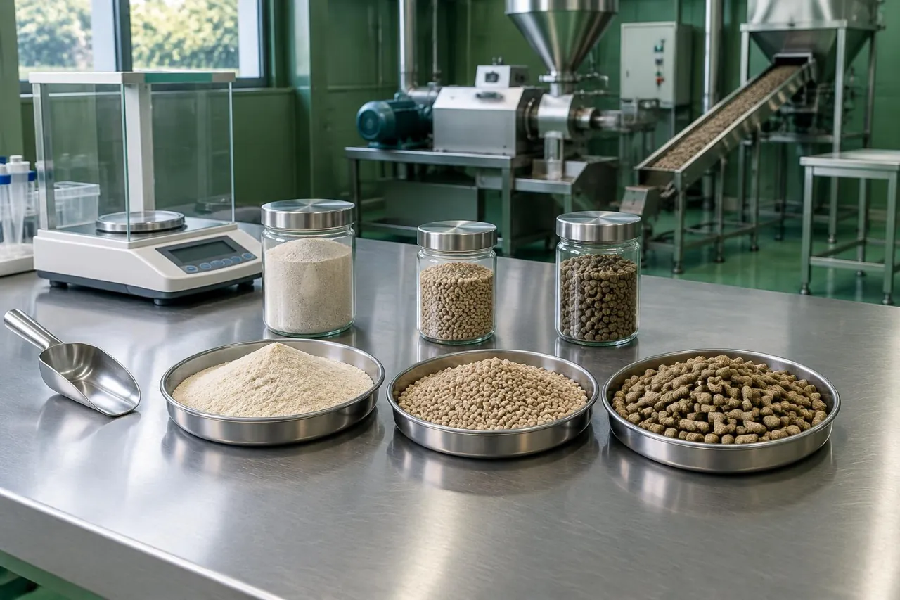 Feed additive powder, granules and pellets beside a laboratory balance in a feed-production setting