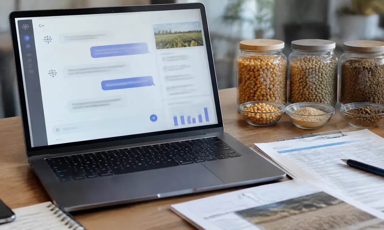 Laptop with an abstract chat interface beside feed ingredient samples and procurement documents