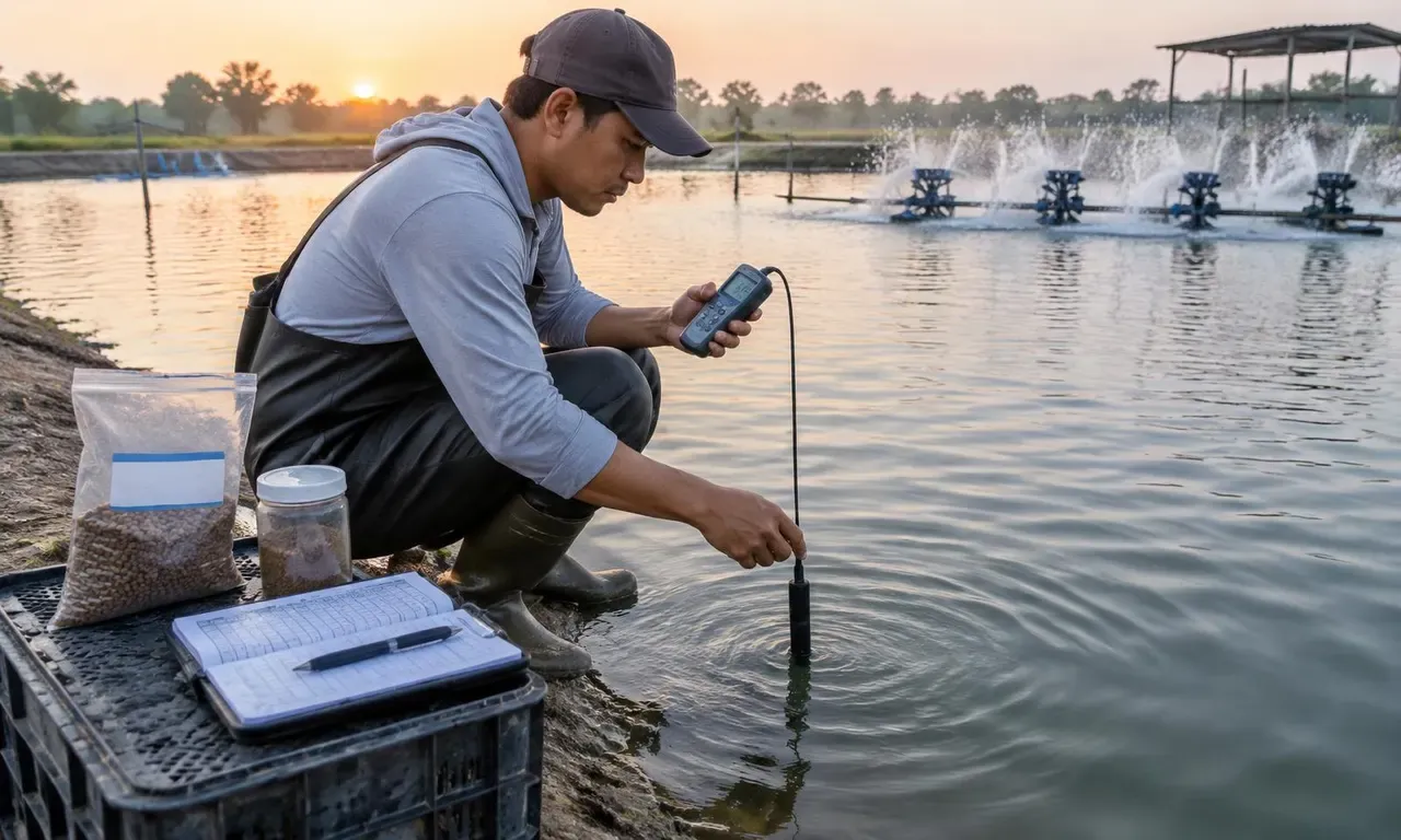 Aquaculture technician measuring pond dissolved oxygen with a handheld meter beside a records notebook and a labelled retained feed sample