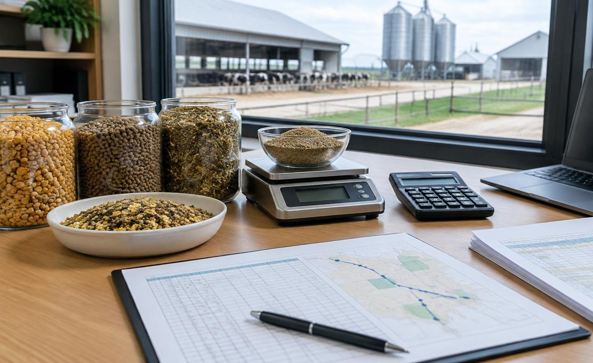 Consumo de alimento, ganancia de peso vivo, existencias iniciales y entregas programadas organizados como datos de entrada para un plan de compras de alimento