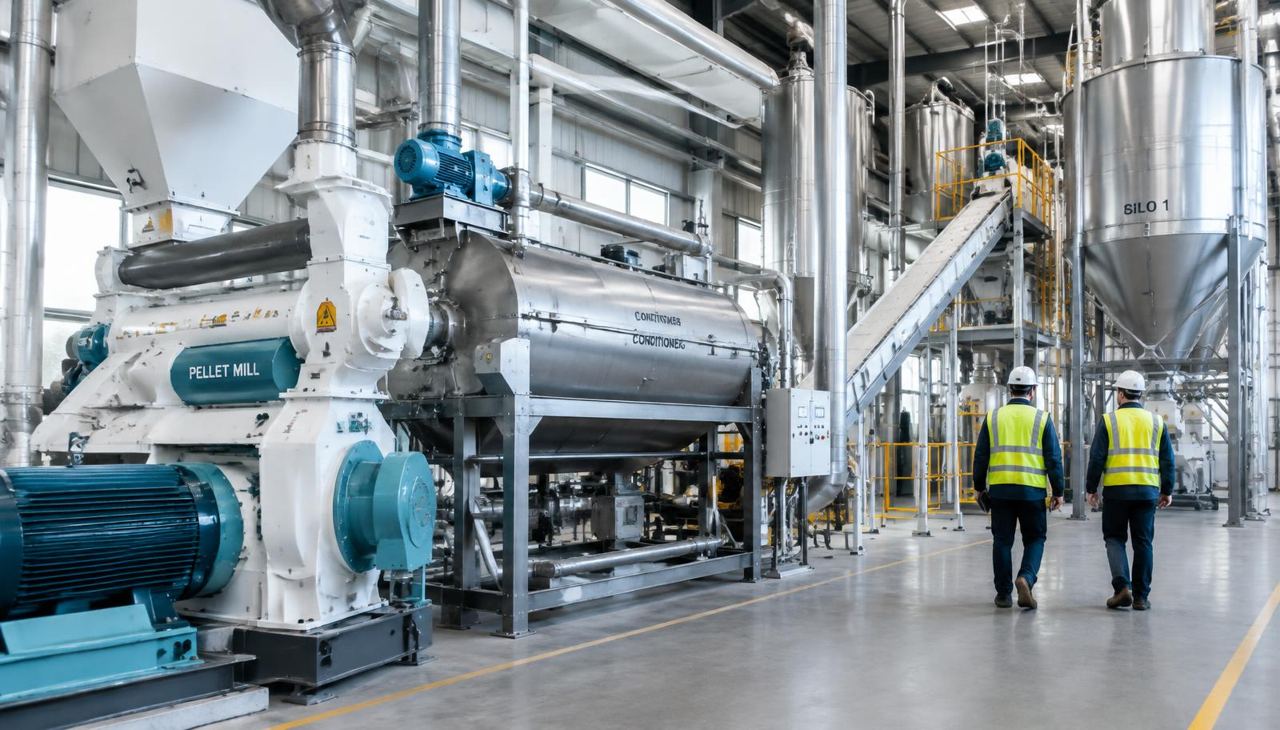 Feed mill process diagram connecting ingredient receiving, storage, batching, conditioning, pelleting and farm delivery