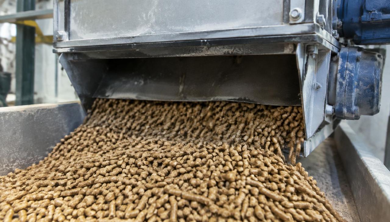 Feed production flow linking farm demand with ingredient receiving, storage, mixing, conditioning, pelleting and farm delivery