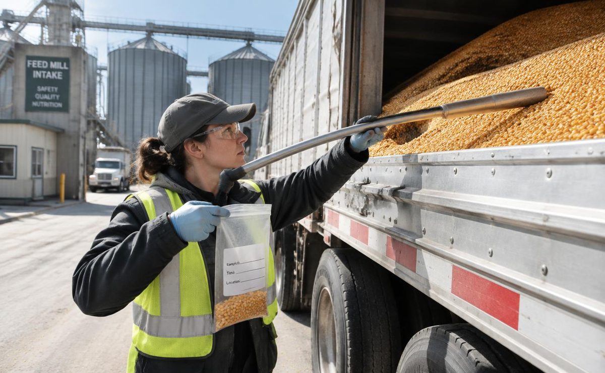 荷揚げ時に受入検査のため採取される大豆粕のサンプル