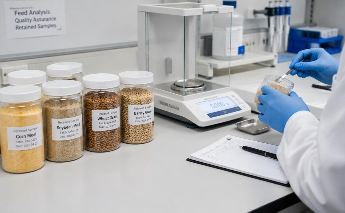 Bulk and bagged feed ingredient sampling points with sealed retained samples and lot identification records