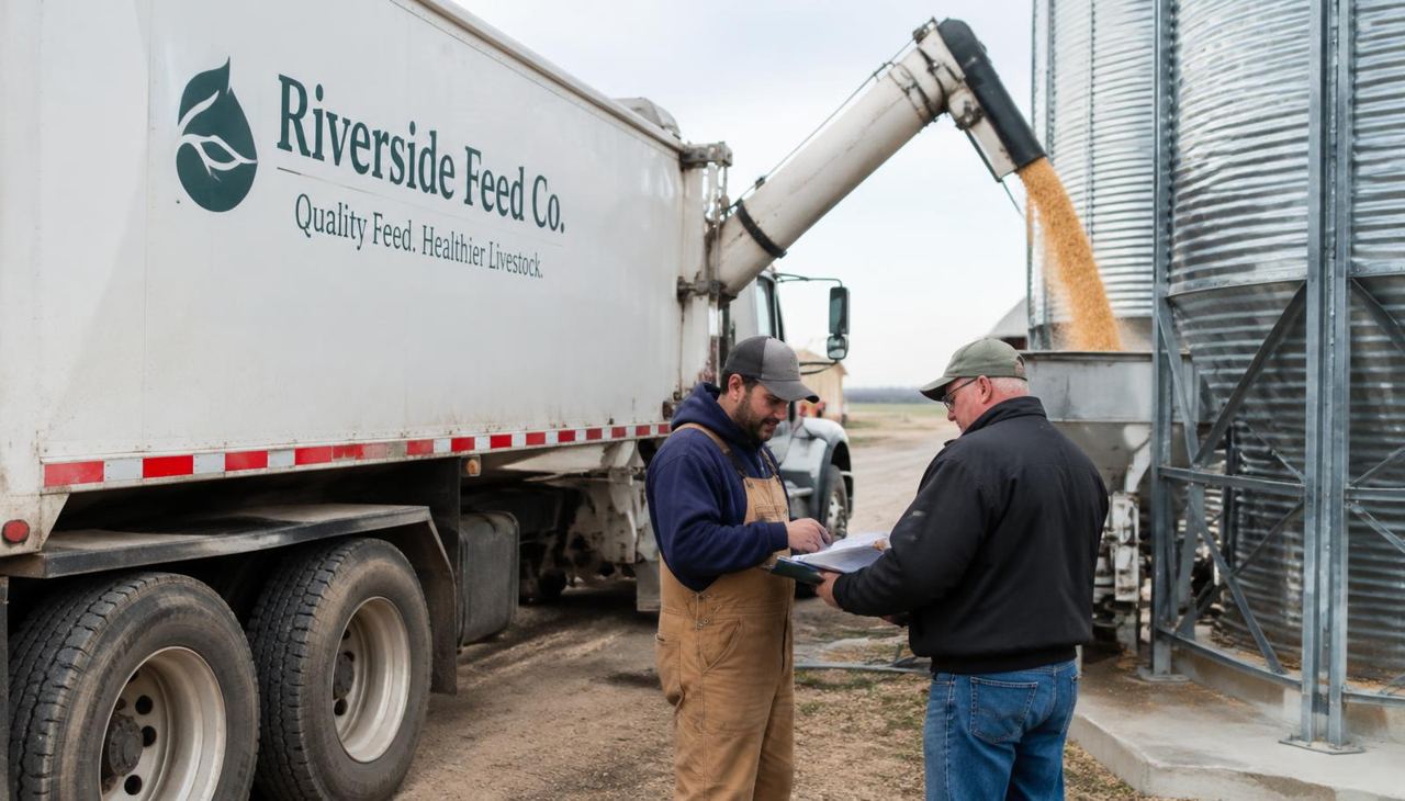Bulk feed storage silos and separate delivery connections at a commercial livestock site