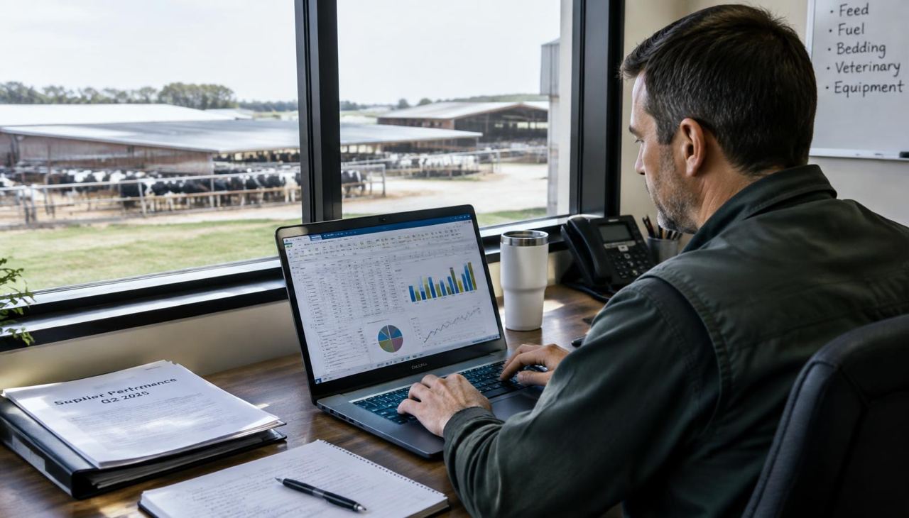 Feed procurement planning worksheet showing farm inputs, estimated requirements, supplier comparison fields and RFQ review
