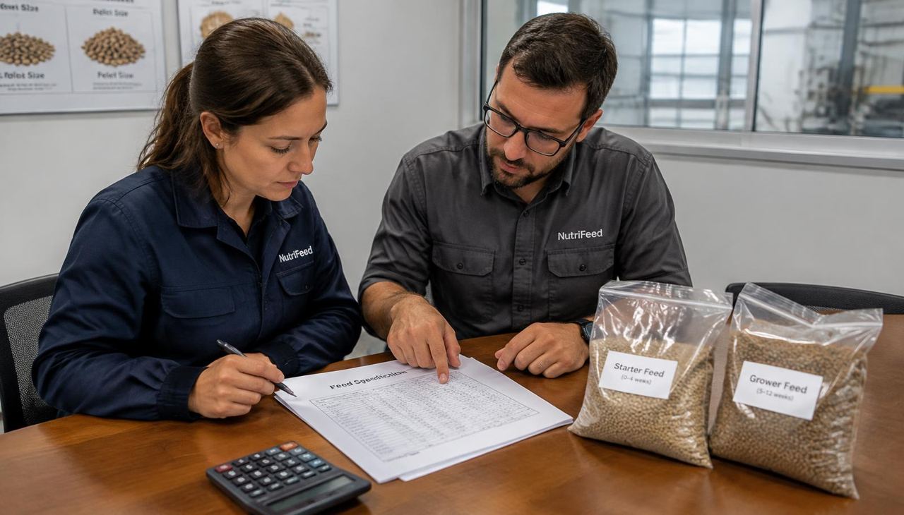 Planning sequence from farm records through feed calculations and a structured RFQ to human review before supplier contact