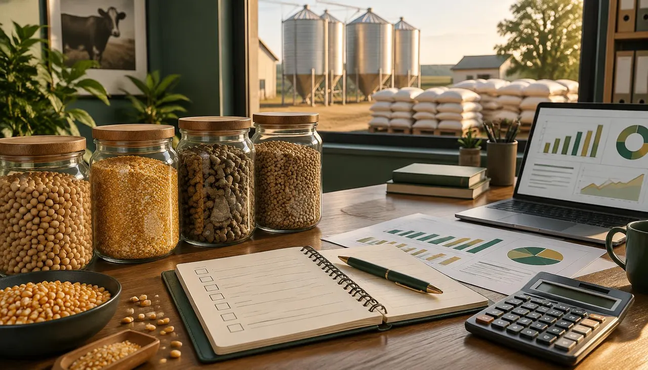 Farm office desk with labelled jars of soybean meal, ground maize and feed pellets, a blank checklist, a calculator and comparison charts, with feed silos outside the window