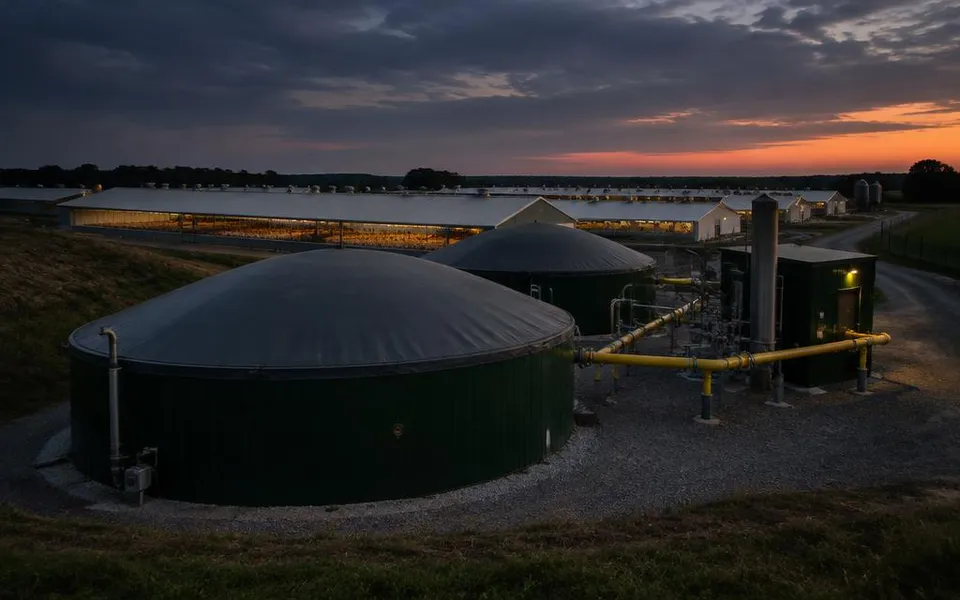 Biogas digester tanks on a poultry farm at dusk