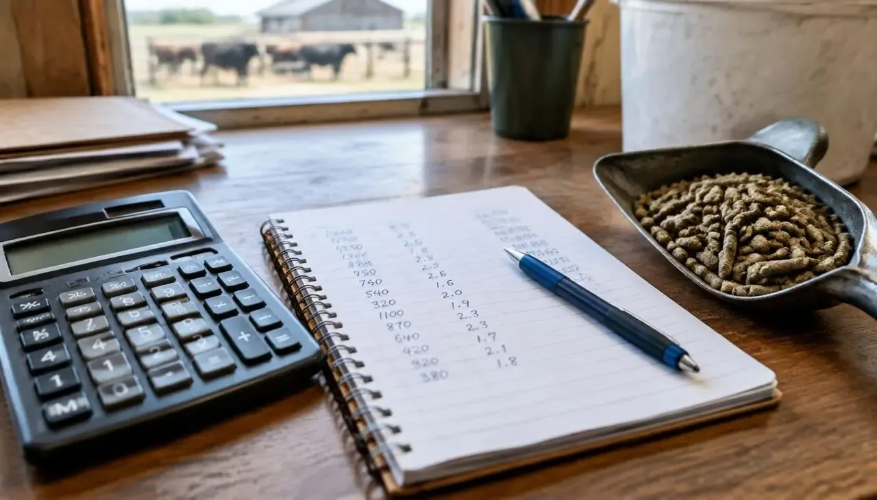 Calculator and blank cost worksheet beside feed pellets