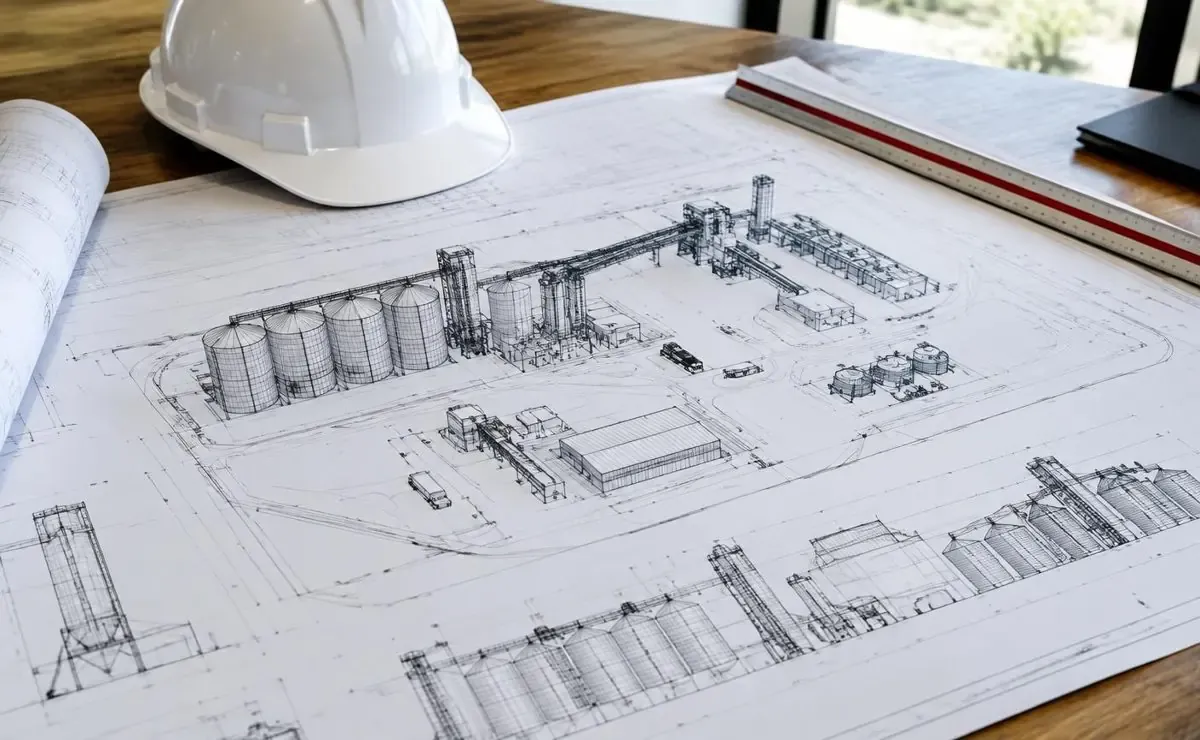 Plan d'implantation d'une usine d'aliments avec silos, tour de fabrication et entrepôt posé sur un bureau — image d'illustration, sans lien avec un projet ou un fournisseur précis