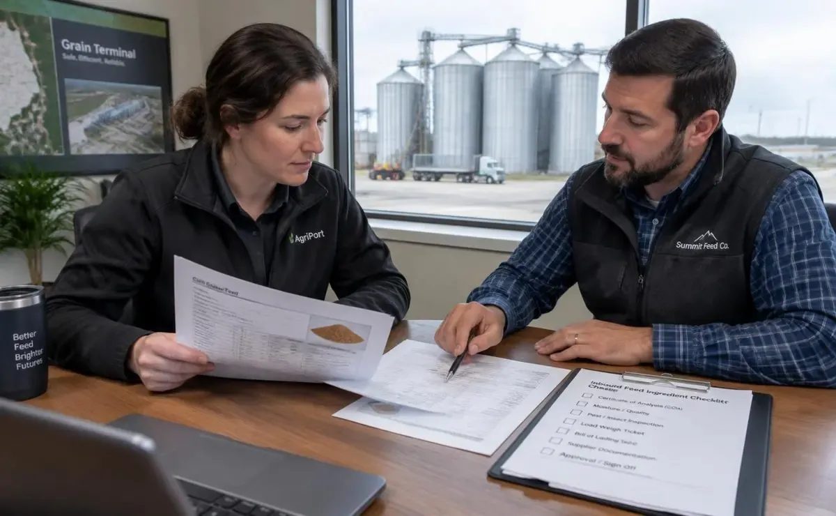 Buyer and advisor reviewing feed procurement documents beside sample trays