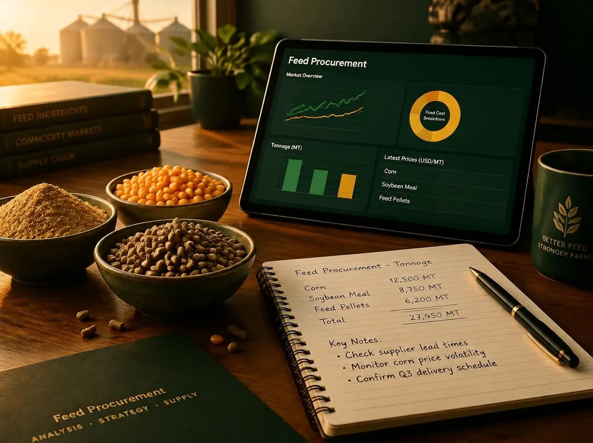 Feed buyer's desk with soybean meal, corn and feed pellets beside a procurement dashboard