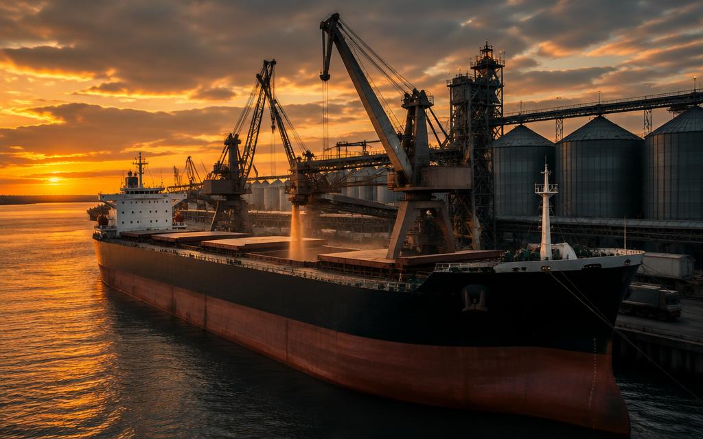 Bulk carrier ship loading grain at a seaport terminal with silos and cranes