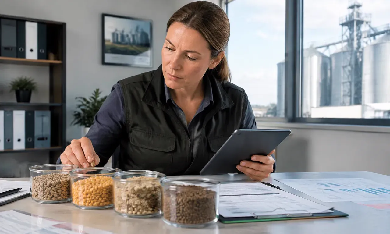 Animal nutrition consultant comparing feed ingredient samples and supplier documents on a tablet