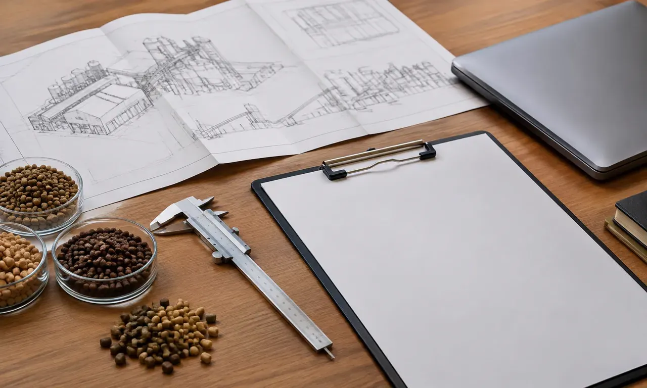 Consultant project toolkit: blank checklist, caliper, feed pellet samples and feed mill layout drawings