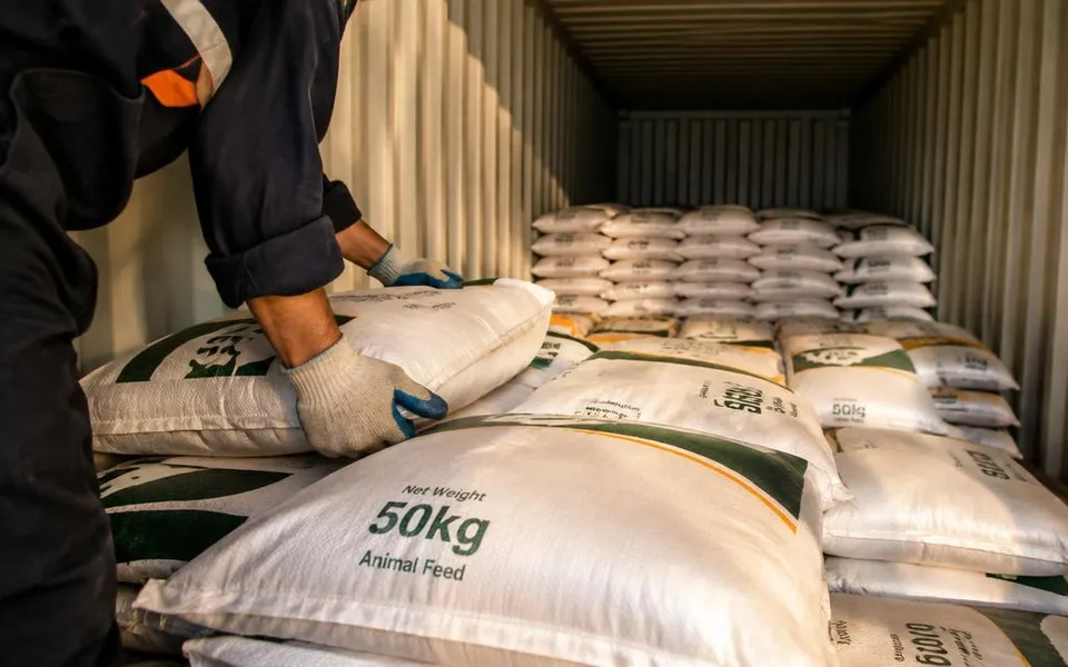 50 kg animal feed bags being loaded into a shipping container