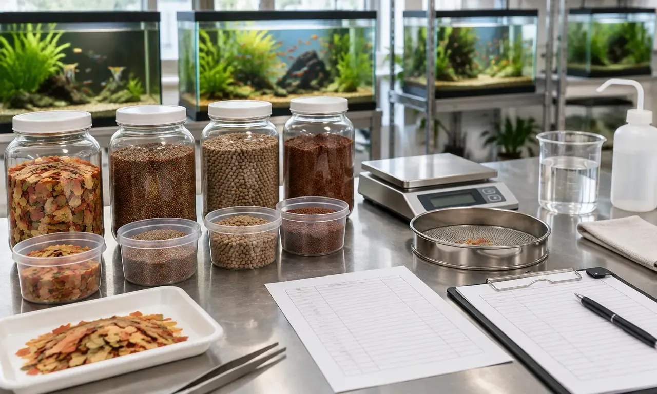 Paillasse de contrôle qualité d’une usine d’aliments pour poissons d’ornement avec bocaux de flocons, micro-granulés et granulés, balance, tamis et formulaires vierges de spécification et de certificat, aquariums plantés en arrière-plan
