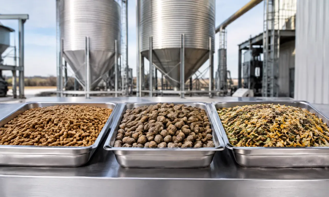 Pellets avícolas, alimento acuícola y ración bovina en bandejas separadas con silos al fondo