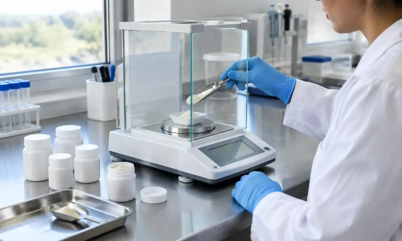 Technician weighing a feed microingredient sample in a laboratory