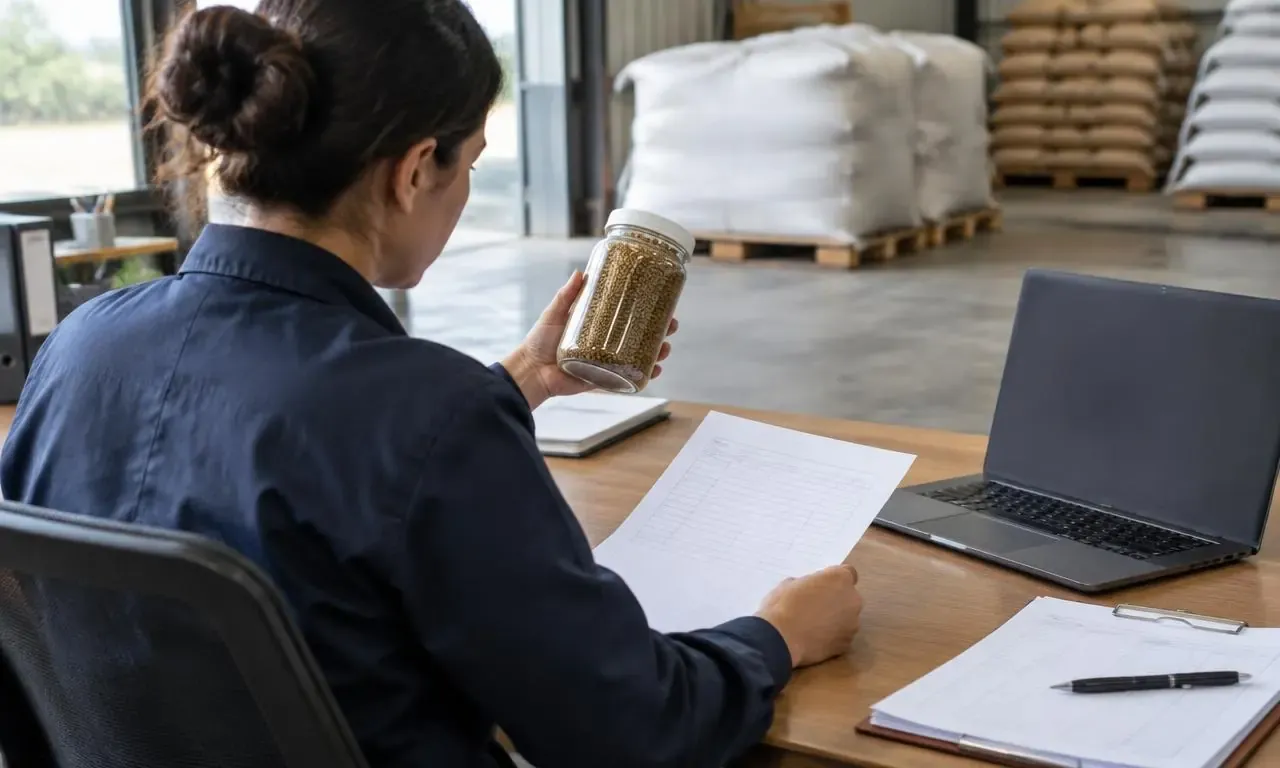 Feed buyer cross-checking a lot sample and specification papers at a laptop