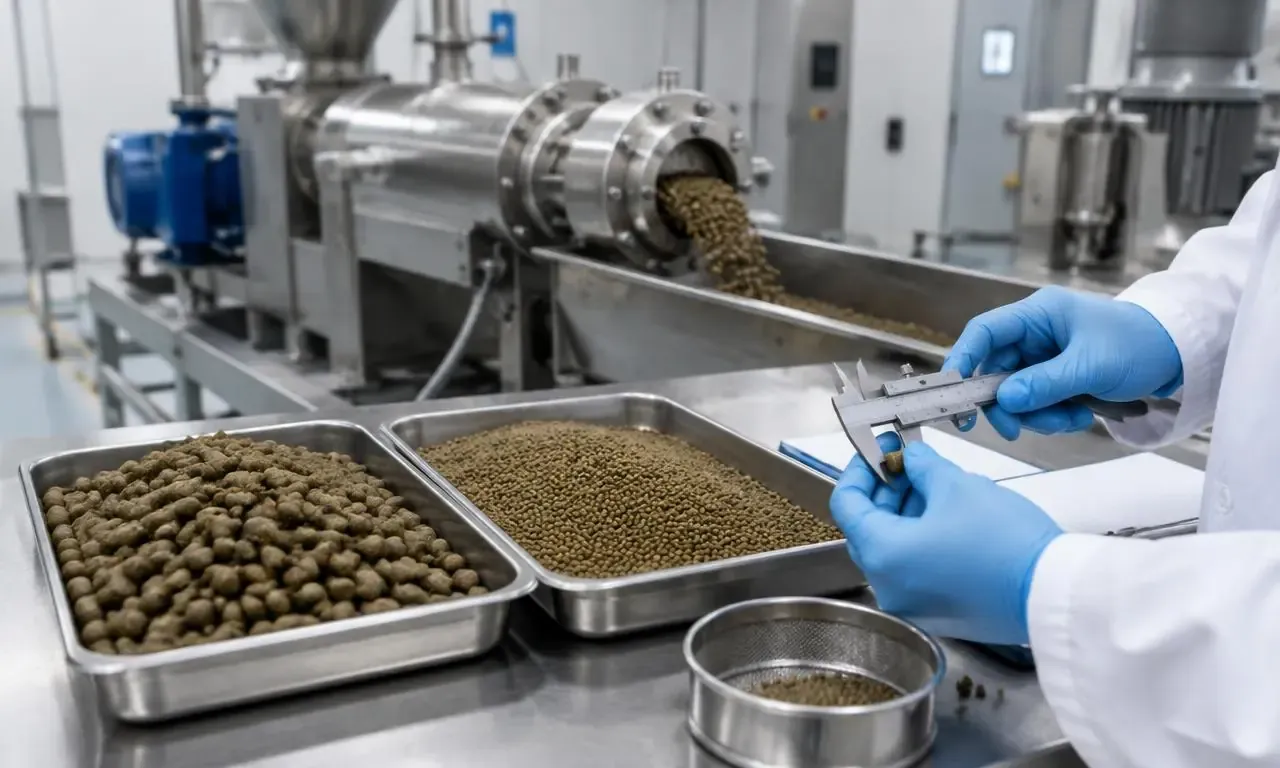 Technician measuring aquafeed pellets beside an extrusion line