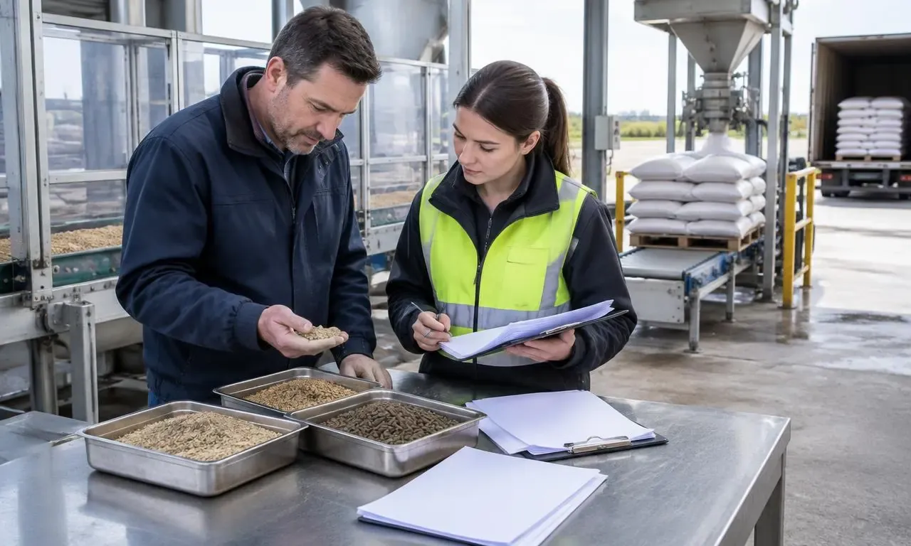 Buyer and quality operator comparing feed samples and delivery documents