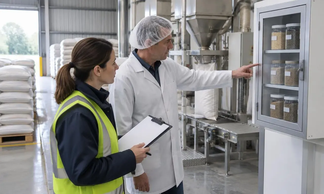 Buyer and technician inspecting retained samples in a feed dispatch warehouse