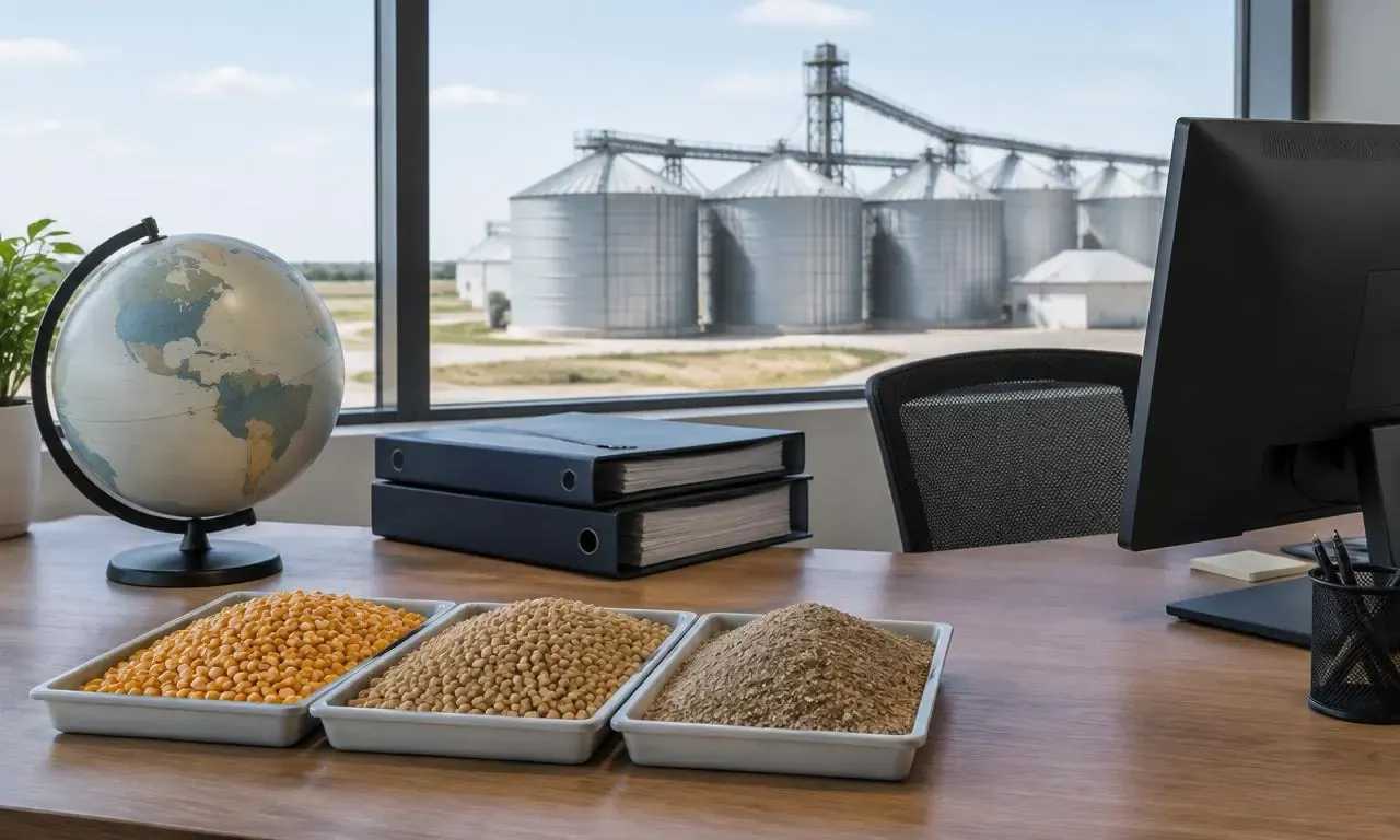 Feed ingredient samples and freight folders on a market research desk