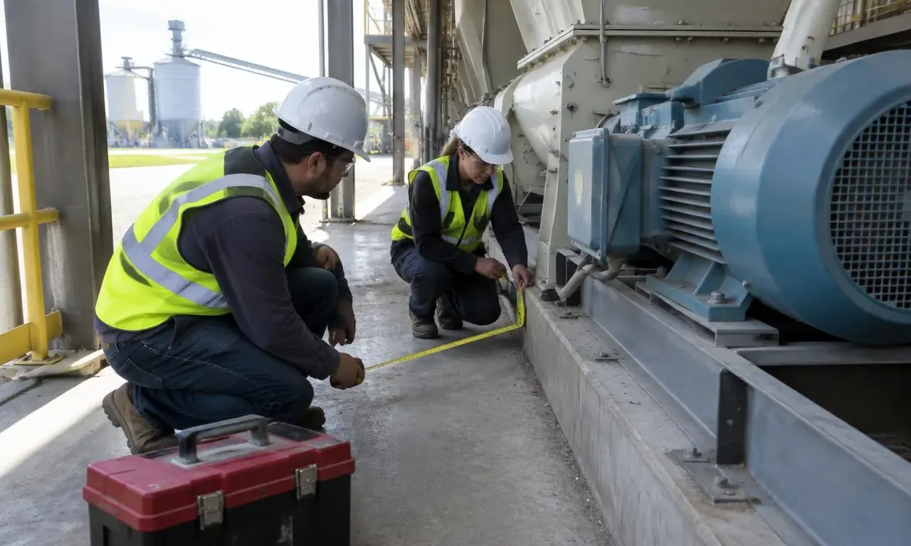 Engineers checking maintenance access beside feed-processing equipment