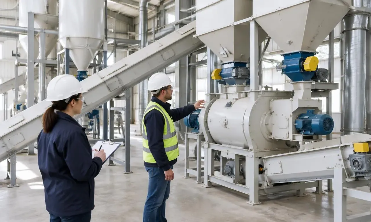 Engineers checking feed grinding, mixing and conveying equipment for a project brief