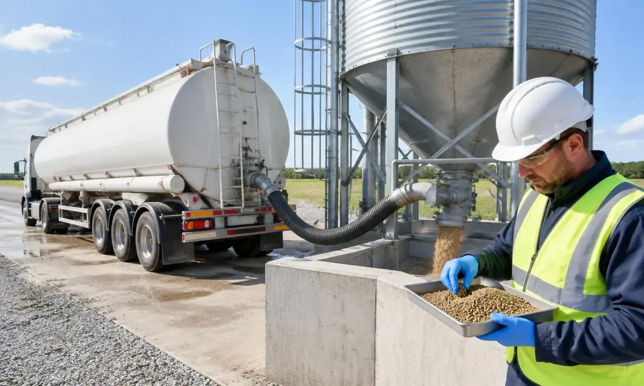 Bulk feed delivery and pellet sampling at a receiving silo