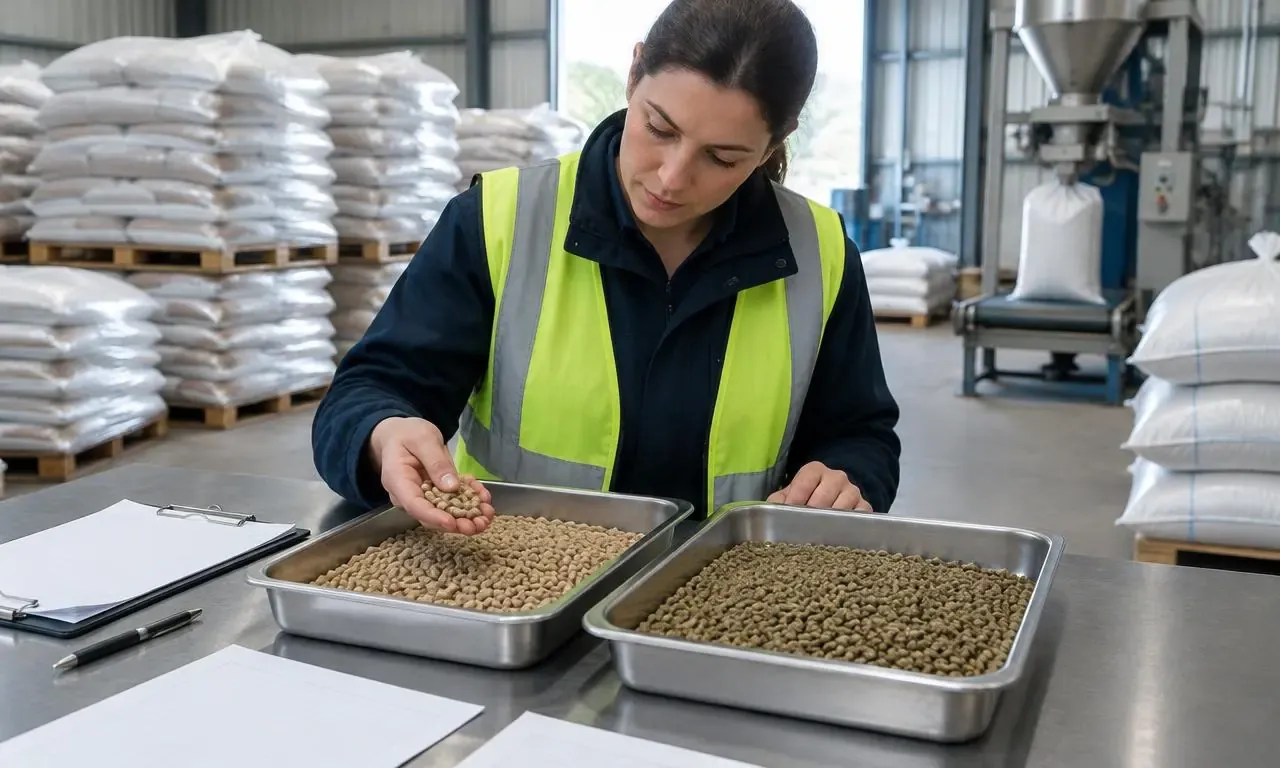 Quality technician comparing compound feed pellet samples at dispatch