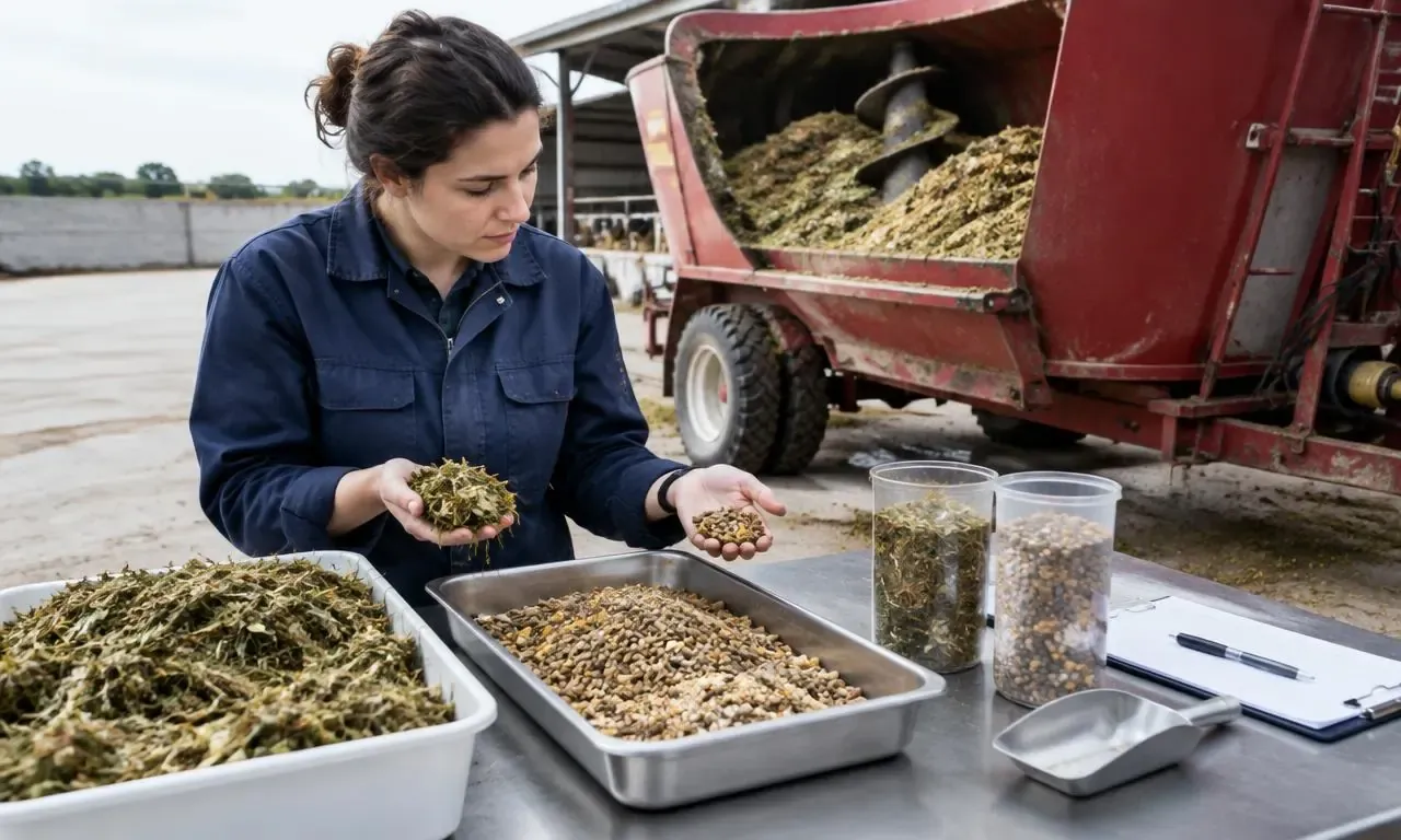 Technician comparing forage and compound feed samples beside a ration mixer