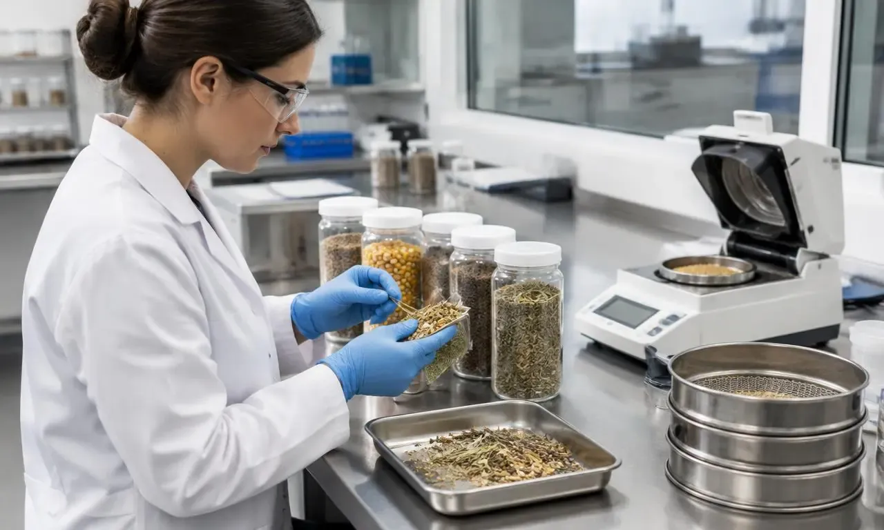 Technician inspecting retained ingredient samples beside a moisture balance and sieves