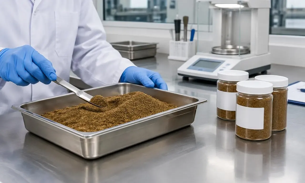 Laboratory technician collecting a fish meal sample for incoming checks