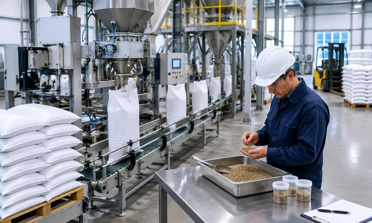 Compound feed bagging line and pellet quality check before dispatch