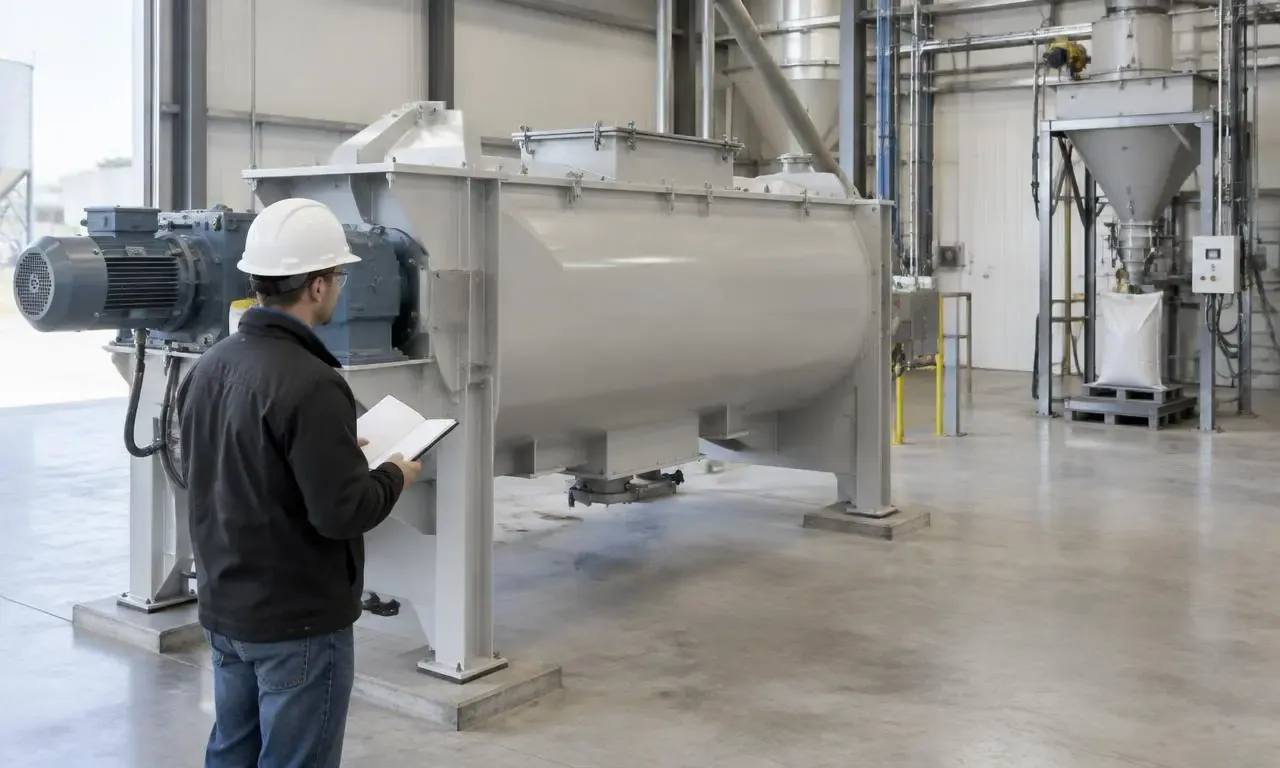 Engineer reviewing a feed mixer and the equipment scope
