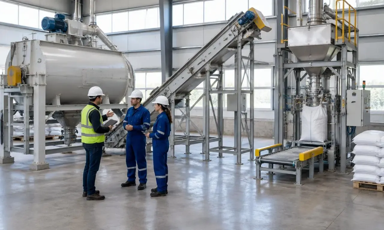 Project coordinator and technicians examining feed equipment interfaces