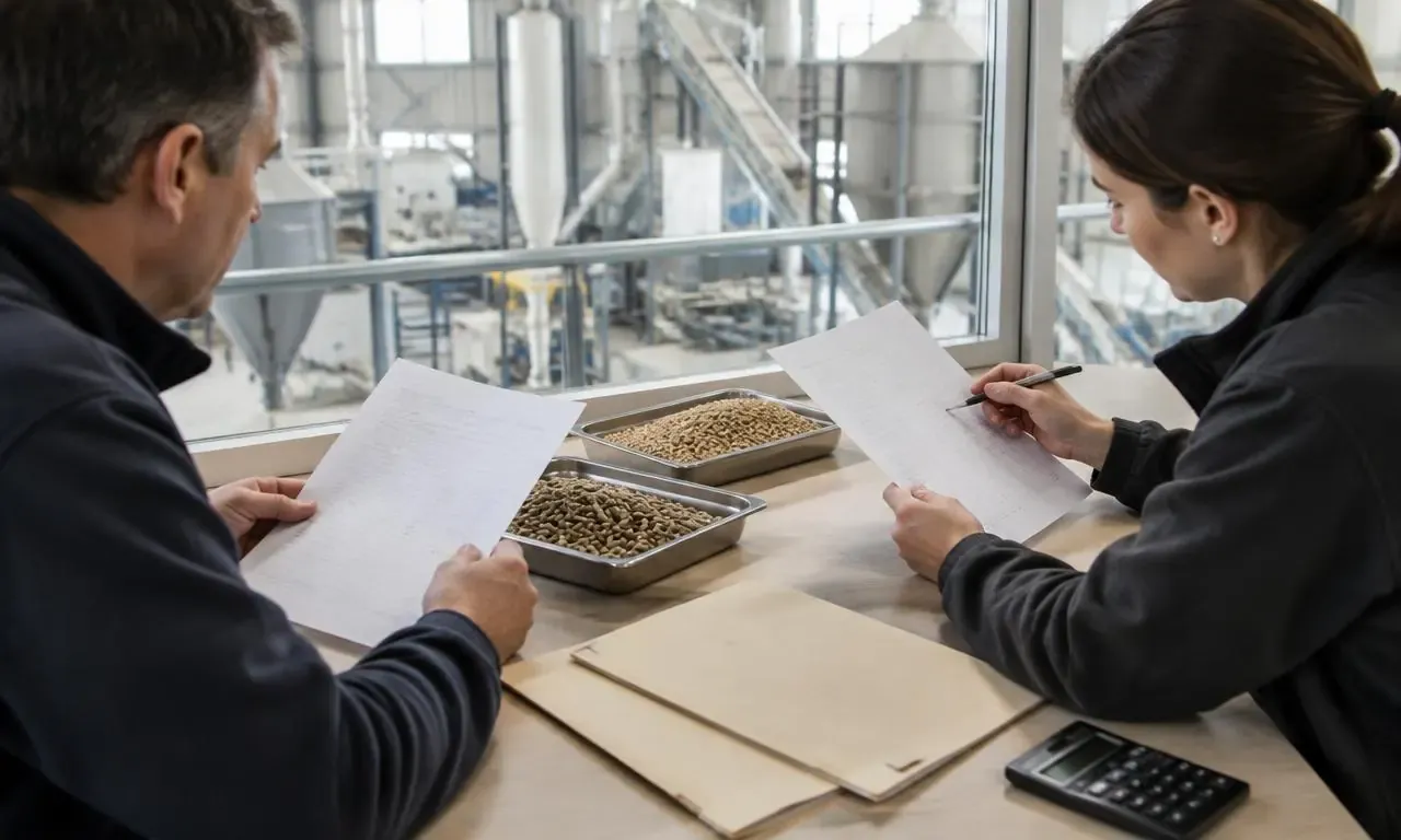 Compradores comparando documentos de equipos junto a muestras de pellets de alimento — imagen ilustrativa